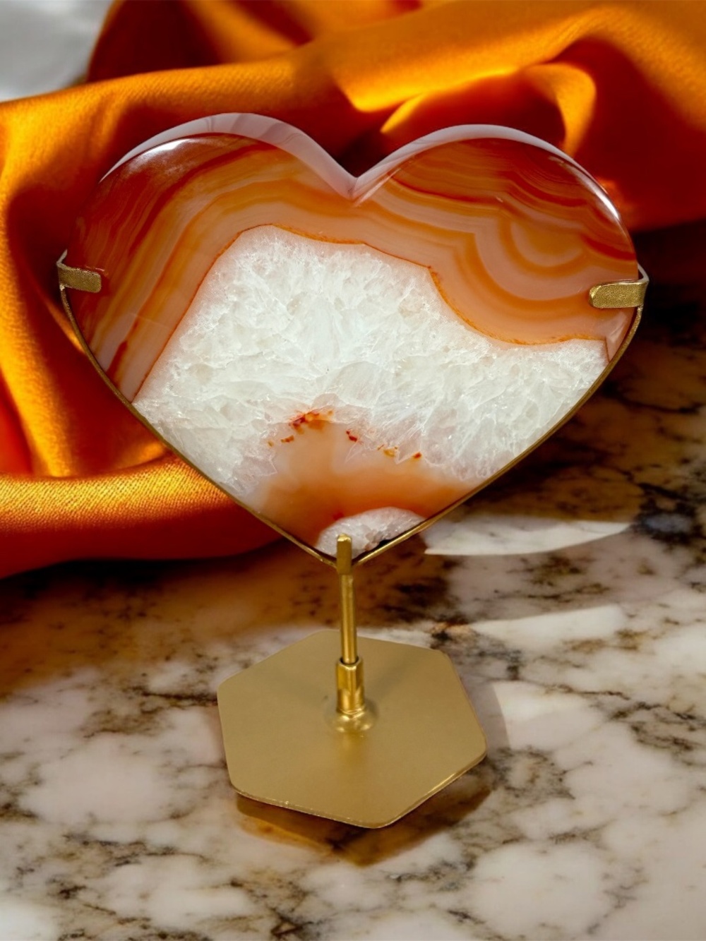 Banded Carnelian Agate Heart with Druzy • Gold Stand Crystal Display Décor